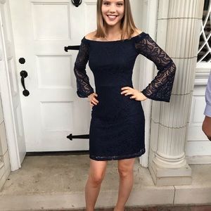Off the shoulder navy lace dress